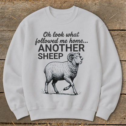 White sweatshirt with text "Oh look what followed me home... ANOTHER SHEEP" and a sheep illustration.