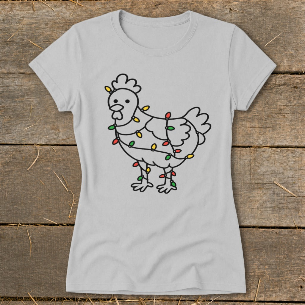 Grey t-shirt with a line drawing of a chicken wrapped in colorful Christmas lights.