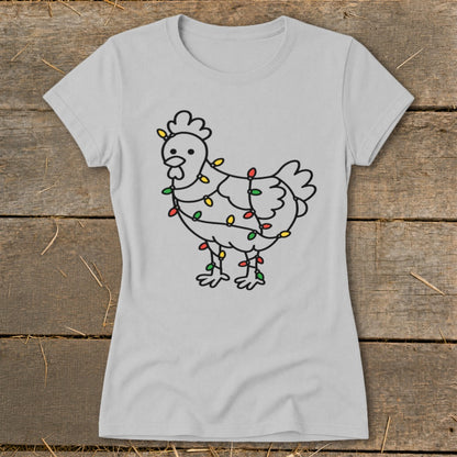 Grey t-shirt with a line drawing of a chicken wrapped in colorful Christmas lights.