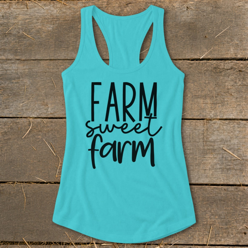 Turquoise tank top with "FARM sweet farm" in black text.