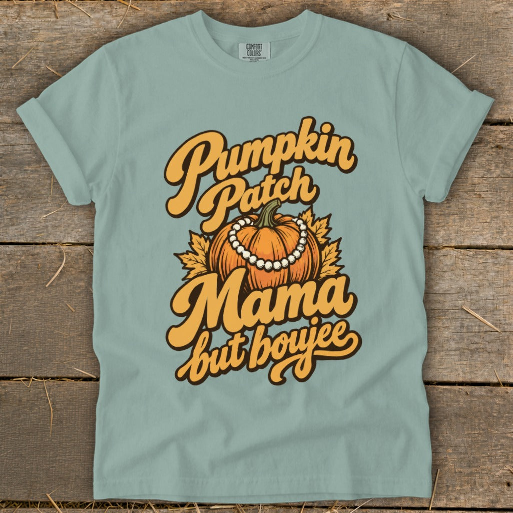 Light blue t-shirt with "Pumpkin Patch Mama but boujee" text and pumpkin graphic.