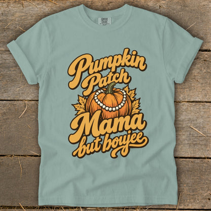 Light blue t-shirt with "Pumpkin Patch Mama but boujee" text and pumpkin graphic.