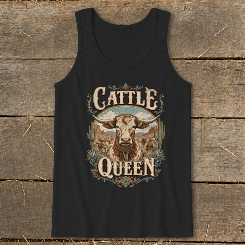 Black tank top with "Cattle Queen" text and longhorn bull graphic.