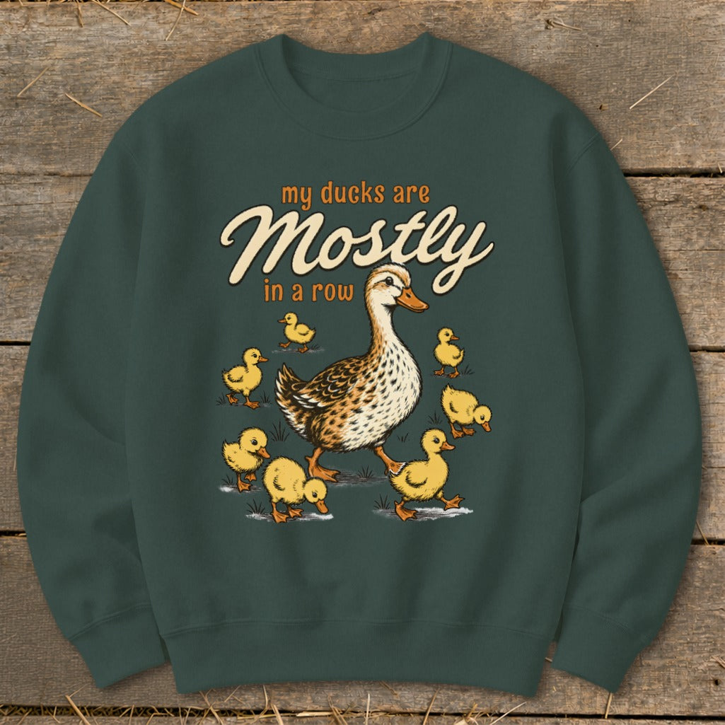 Adult duck leading ducklings with text "my ducks are Mostly in a row".