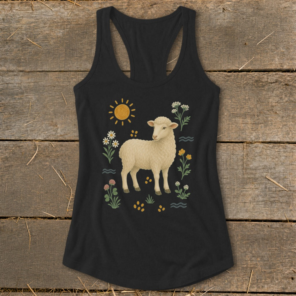 Black tank top with a sheep, sun, and floral print.