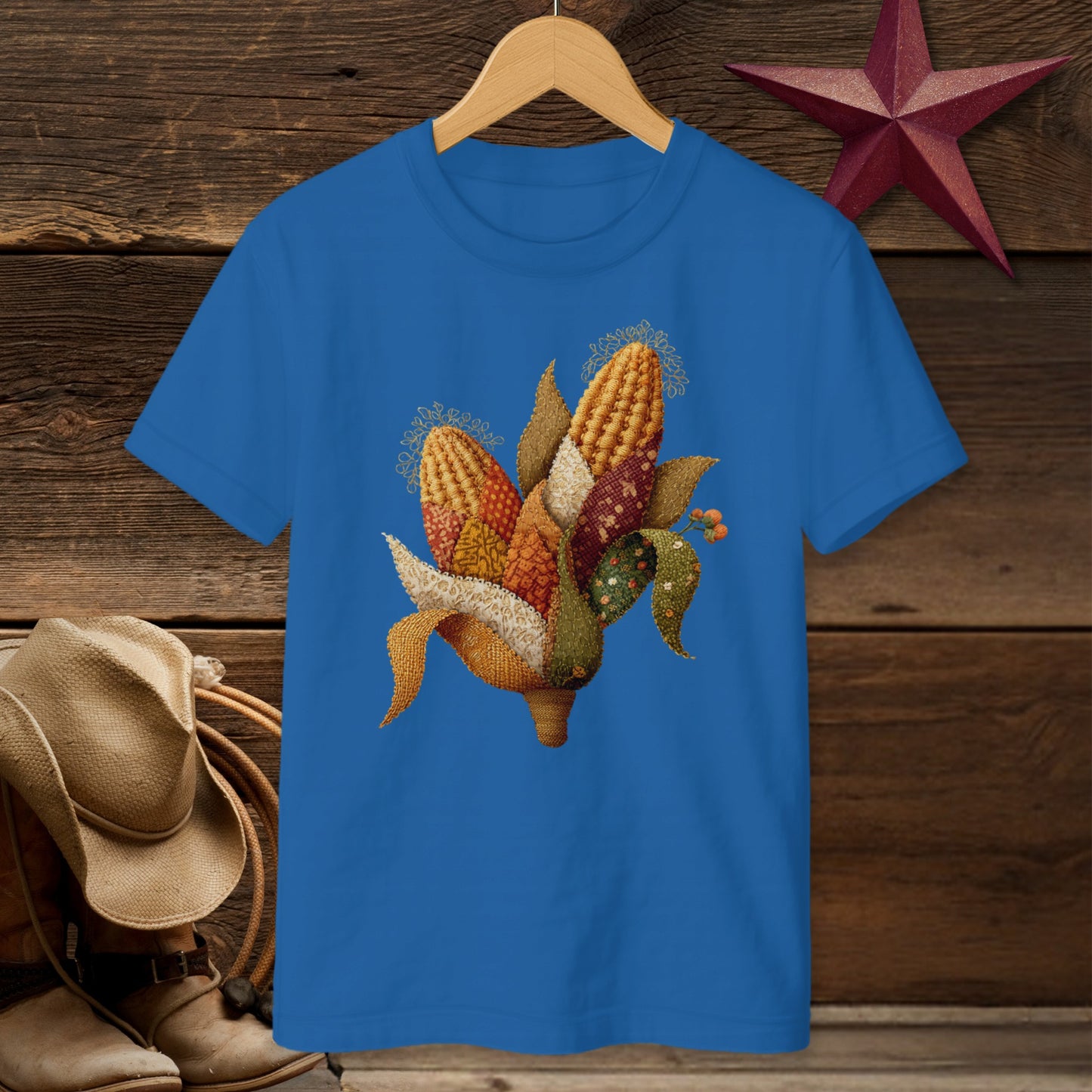 Festive Autumn Harvest Corn Design Blue T-shirt product