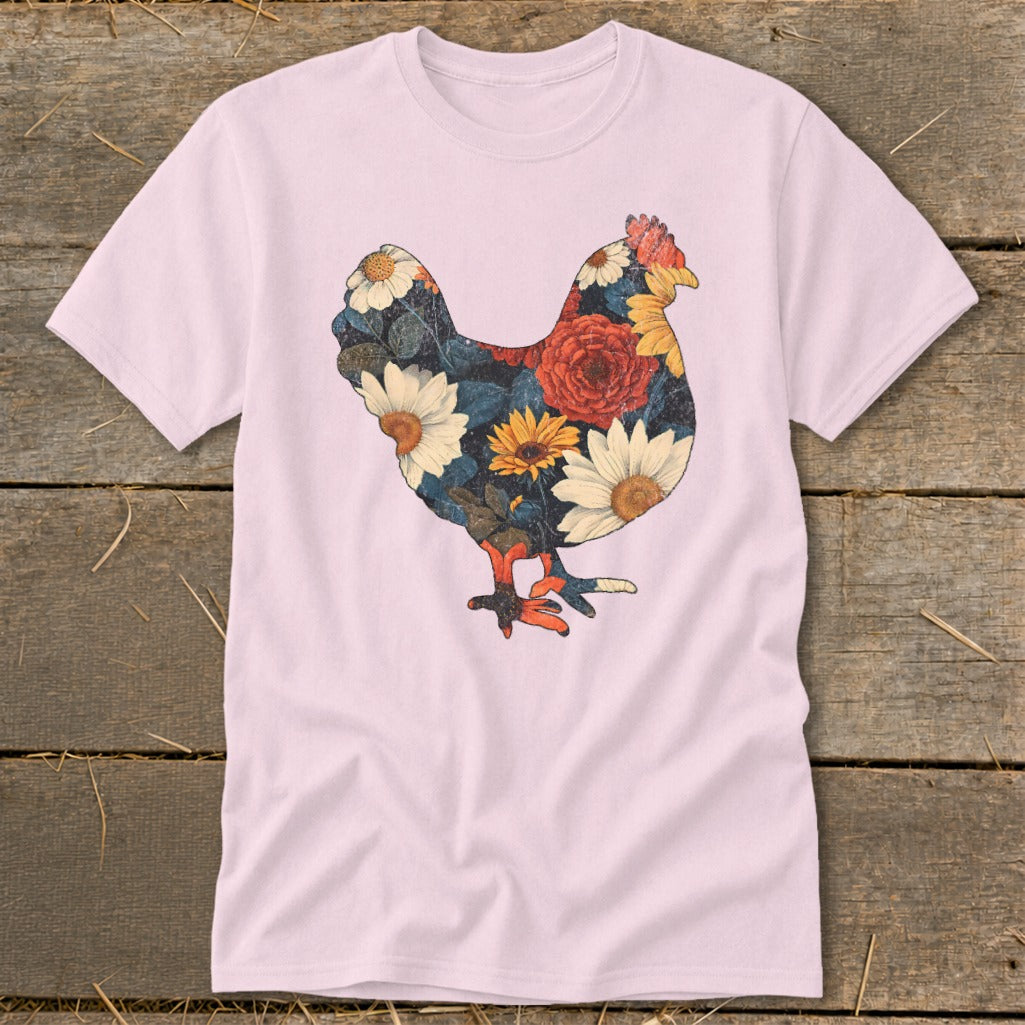 Pink t-shirt with a chicken silhouette filled with a floral pattern.