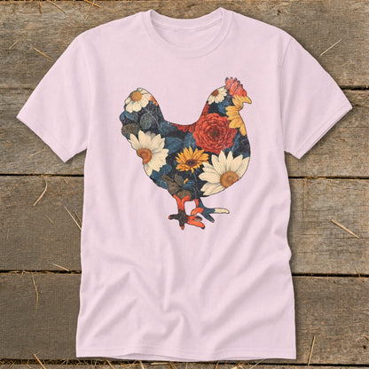 Pink t-shirt with a chicken silhouette filled with a floral pattern.