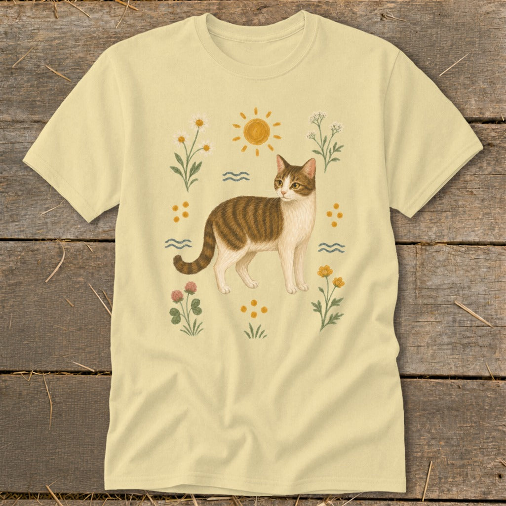 Tabby cat with wildflowers and sun graphic on a pale yellow t-shirt.