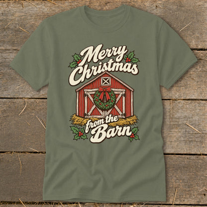 Green t-shirt with "Merry Christmas from the Barn" text and a barn graphic.