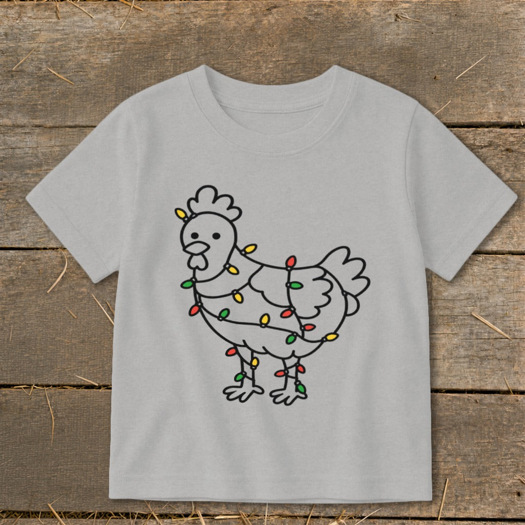 Light grey t-shirt with a black line drawing of a chicken wrapped in colorful Christmas lights.