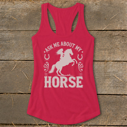 Pink tank top with white graphic: "Ask Me About My Horse" and rider silhouette.
