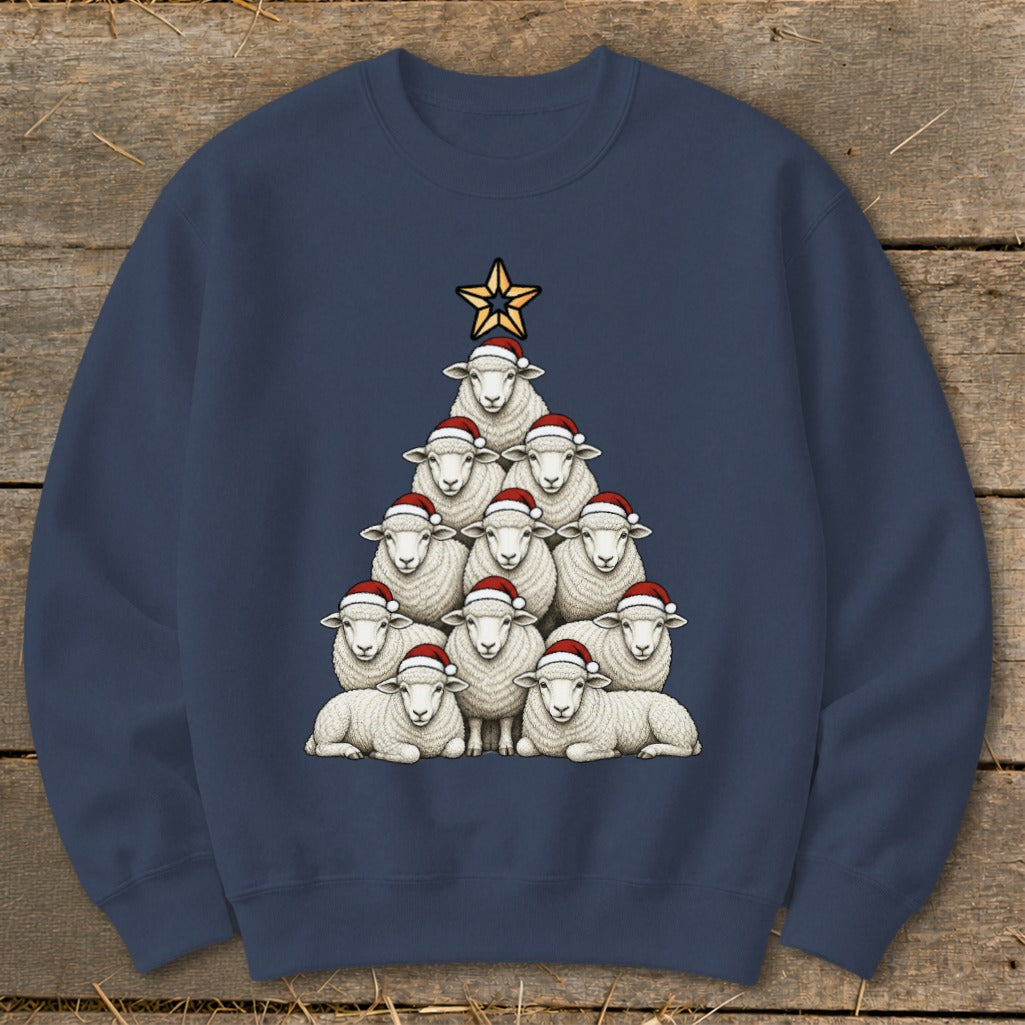 Crewneck sweatshirt with a Christmas tree made of sheep wearing Santa hats.