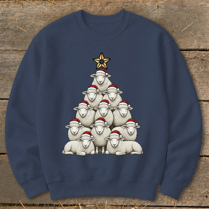 Crewneck sweatshirt with a Christmas tree made of sheep wearing Santa hats.