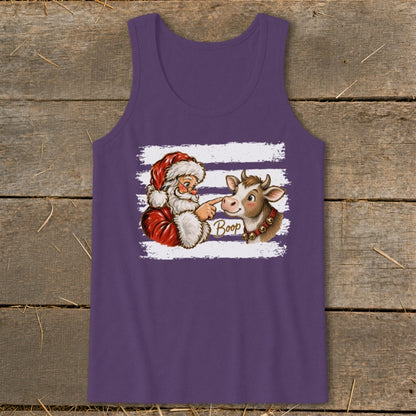 Santa booping a cow with "Boop" text on a purple tank top.