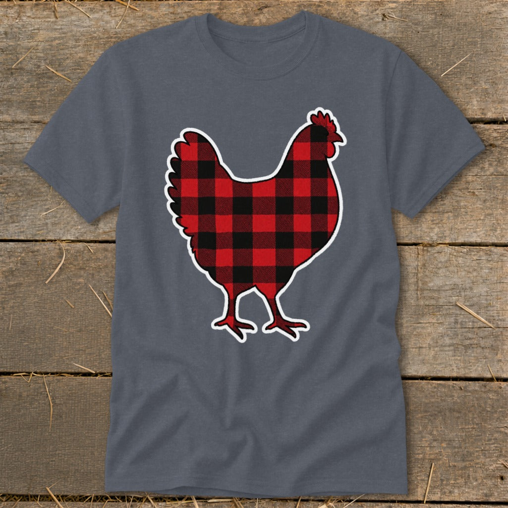 Grey t-shirt with a red and black buffalo plaid chicken graphic.