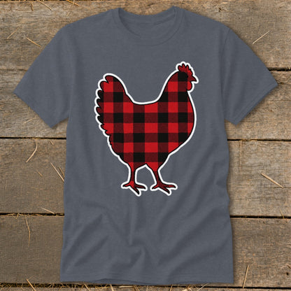 Grey t-shirt with a red and black buffalo plaid chicken graphic.
