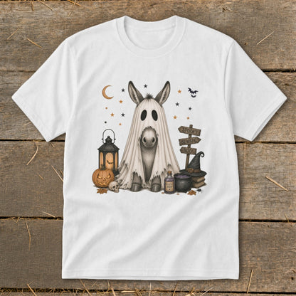 Ghost donkey with Halloween decorations, including pumpkin, lantern, and witch hat.