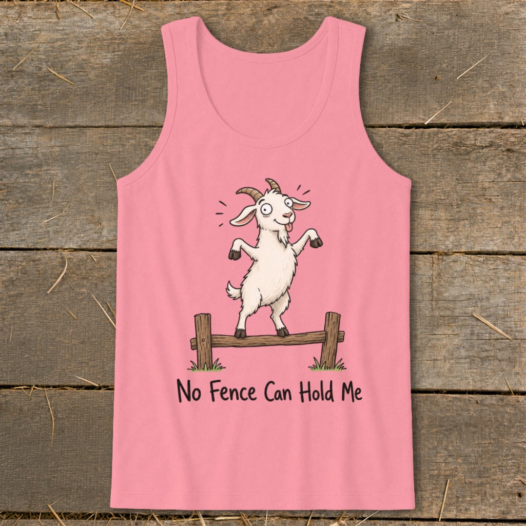 Pink tank top with cartoon goat on fence saying "No Fence Can Hold Me."