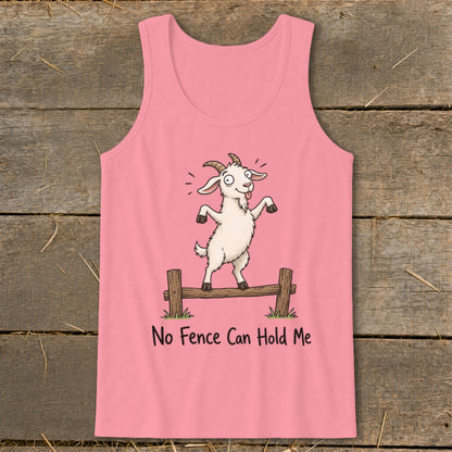 Pink tank top with cartoon goat on fence saying "No Fence Can Hold Me."
