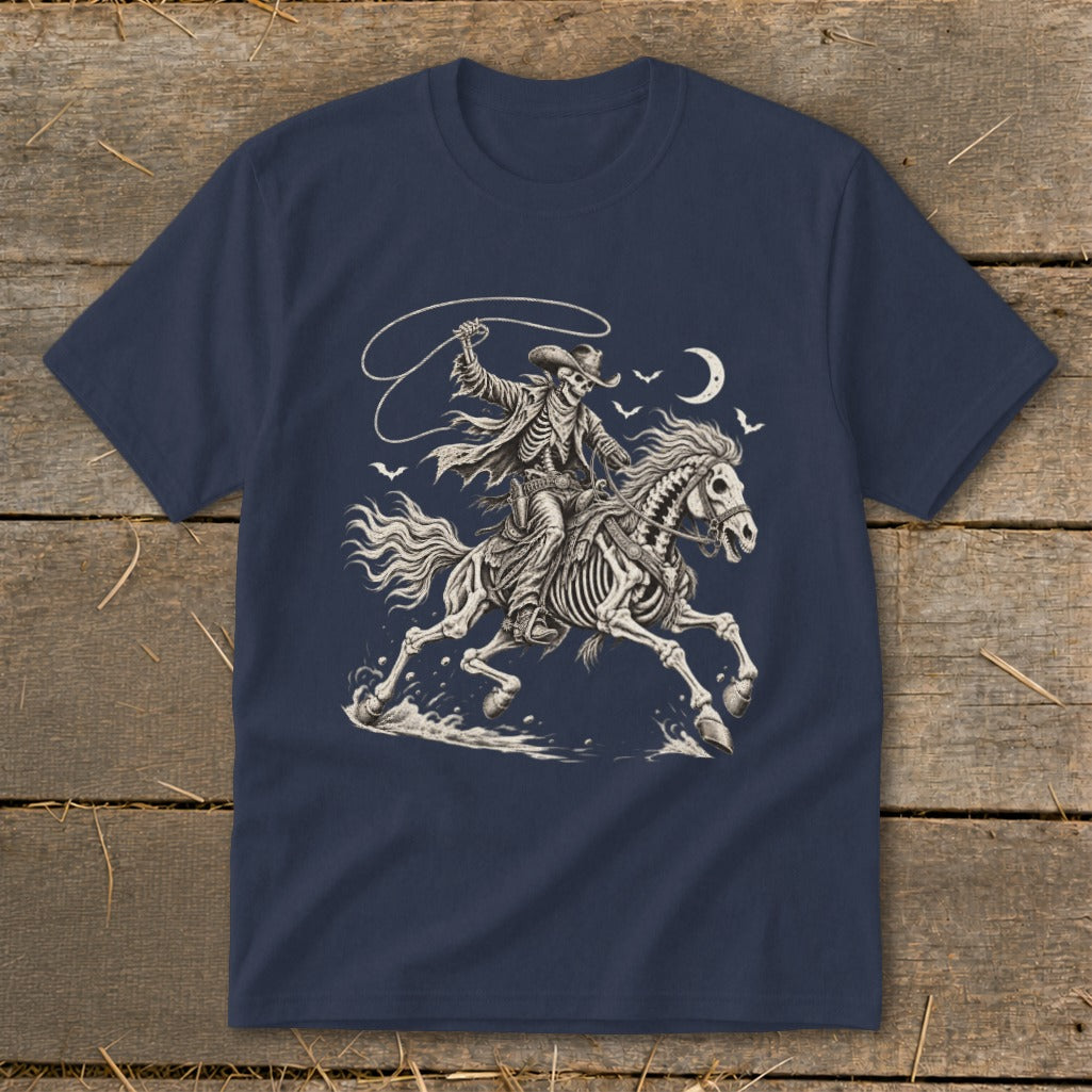 Skeleton cowboy on horseback with lasso and moon in the background.