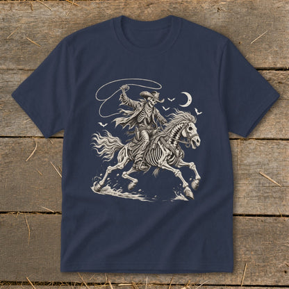 Skeleton cowboy on horseback with lasso and moon in the background.