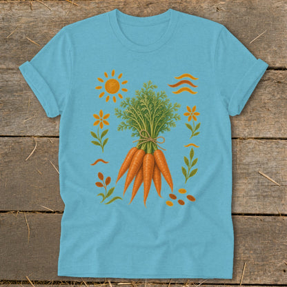 Light blue t-shirt with a bunch of carrots, sun, and floral design.