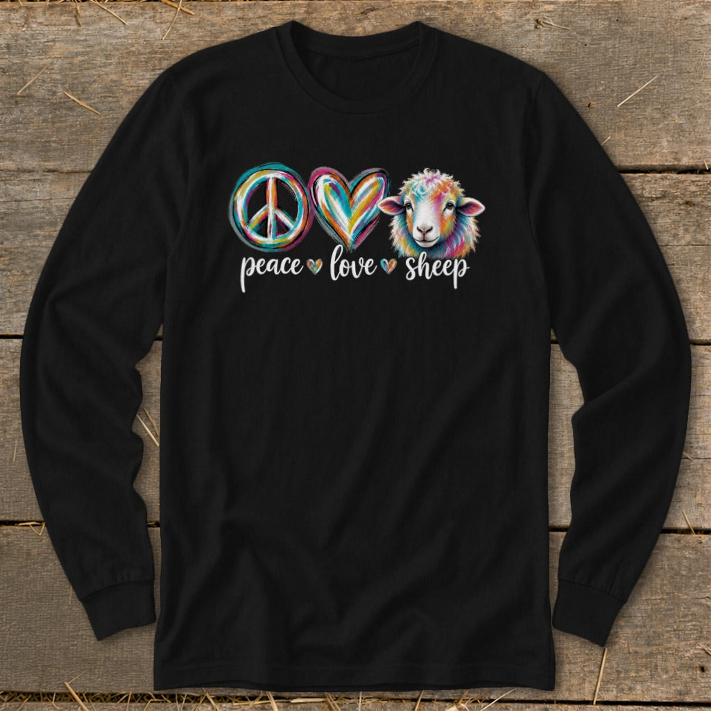 Black long sleeve shirt with peace sign, heart, and colorful sheep, text reads peace love sheep.