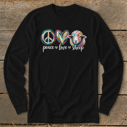 Black long sleeve shirt with peace sign, heart, and colorful sheep, text reads peace love sheep.