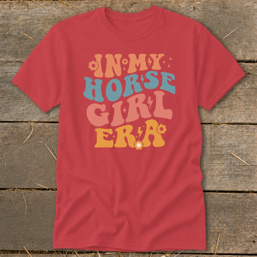 Red t-shirt with "IN MY HORSE GIRL ERA" text in retro font.