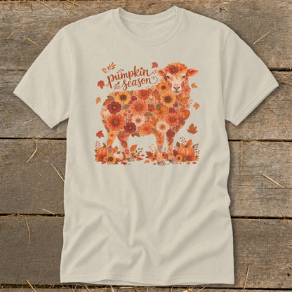 Cream t-shirt with floral sheep design and "pumpkin season" text.
