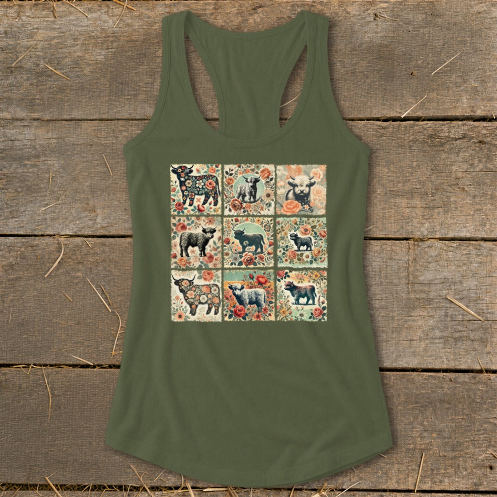 Olive green tank top featuring a grid of nine floral cow illustrations.