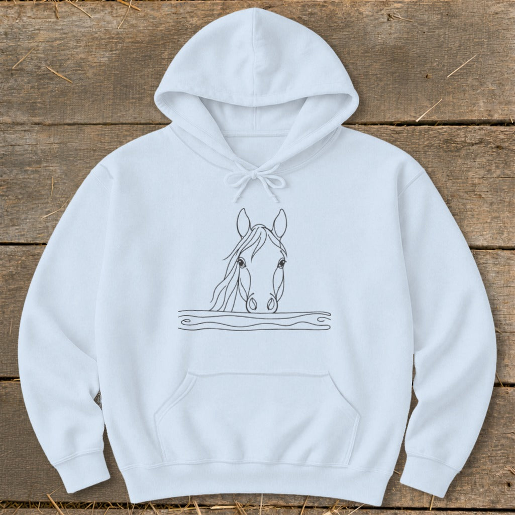 White hoodie with line art drawing of a horse's head above a wavy line.