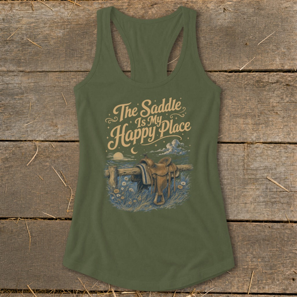 Olive green tank top with "The Saddle Is My Happy Place" and saddle graphic.