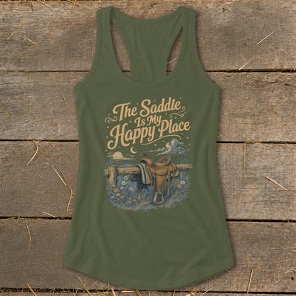 Olive green tank top with "The Saddle Is My Happy Place" and saddle graphic.