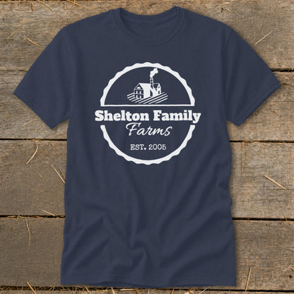 Navy t-shirt with "Shelton Family Farms EST. 2005" logo and farm graphic.