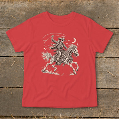 Skeleton cowboy on skeletal horse with lasso, bats, and moon design on red t-shirt.