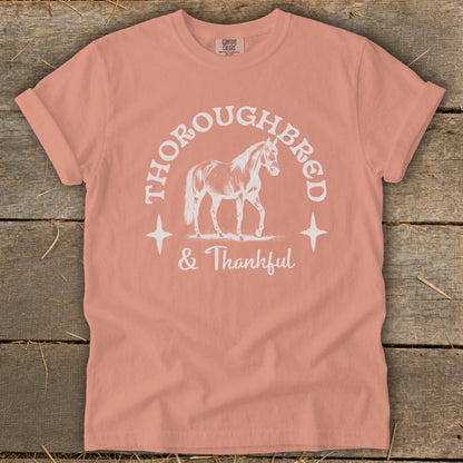 Peach t-shirt with "Thoroughbred & Thankful" text and a horse graphic.