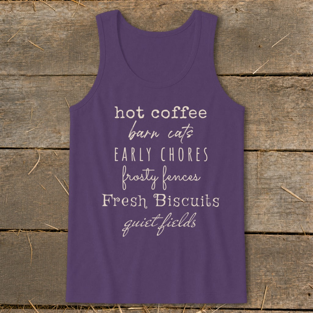 Purple tank top with "hot coffee barn cats EARLY CHORES frosty fences Fresh Biscuits quiet fields" text.