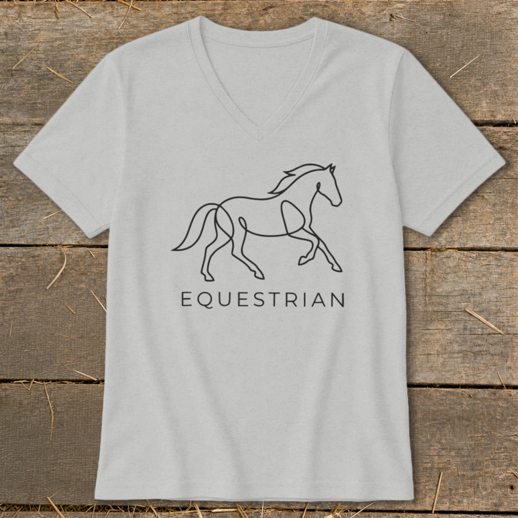 Light grey v-neck t-shirt with a black line art horse and the word EQUESTRIAN.