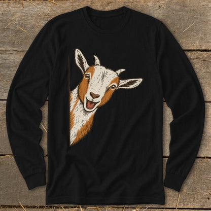 Black long-sleeve shirt with a peeking goat graphic.