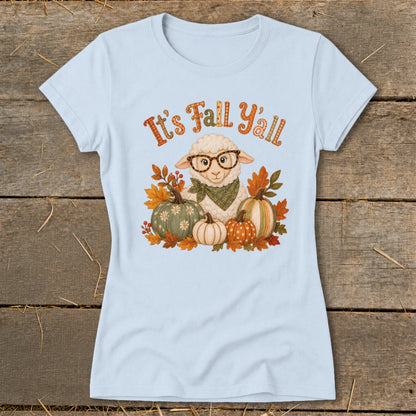 Light blue t-shirt with "It's Fall Y'all" and a sheep with pumpkins and fall leaves.