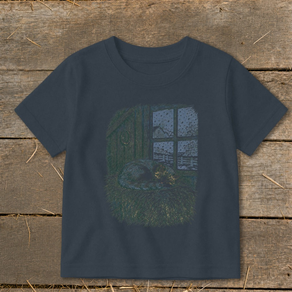 Illustration of a cat sleeping in a cozy nest with snow falling outside a window.