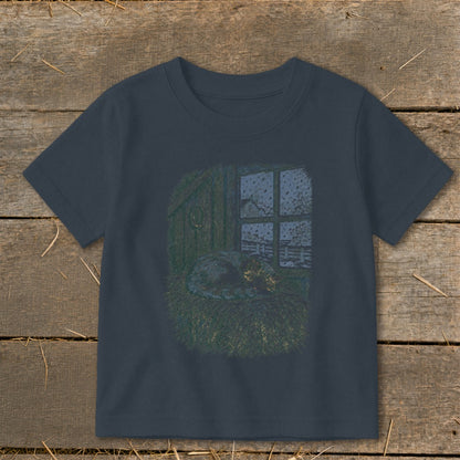 Illustration of a cat sleeping in a cozy nest with snow falling outside a window.
