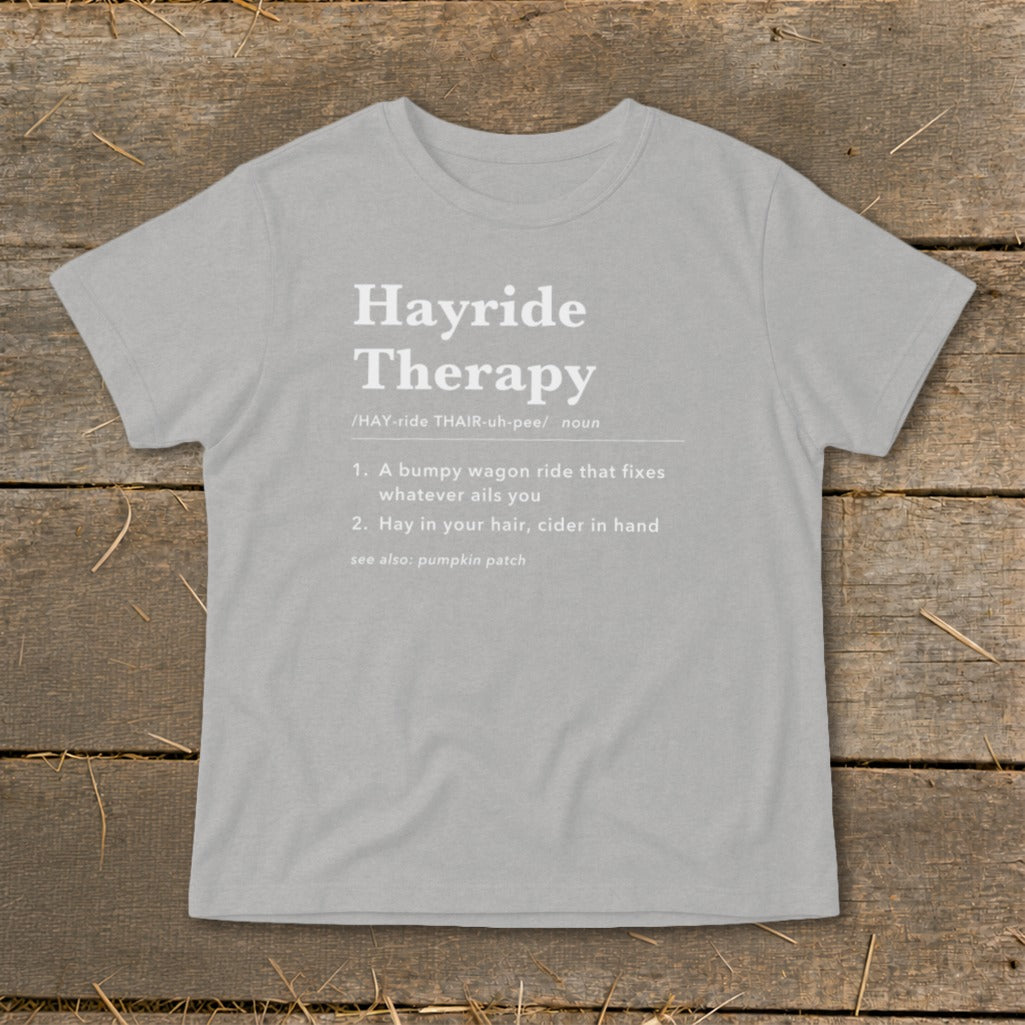 Gray t-shirt with "Hayride Therapy" definition text in white.