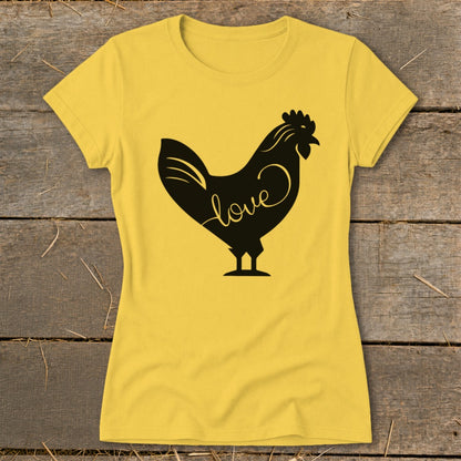 Yellow t-shirt with a black rooster silhouette containing the word "love".