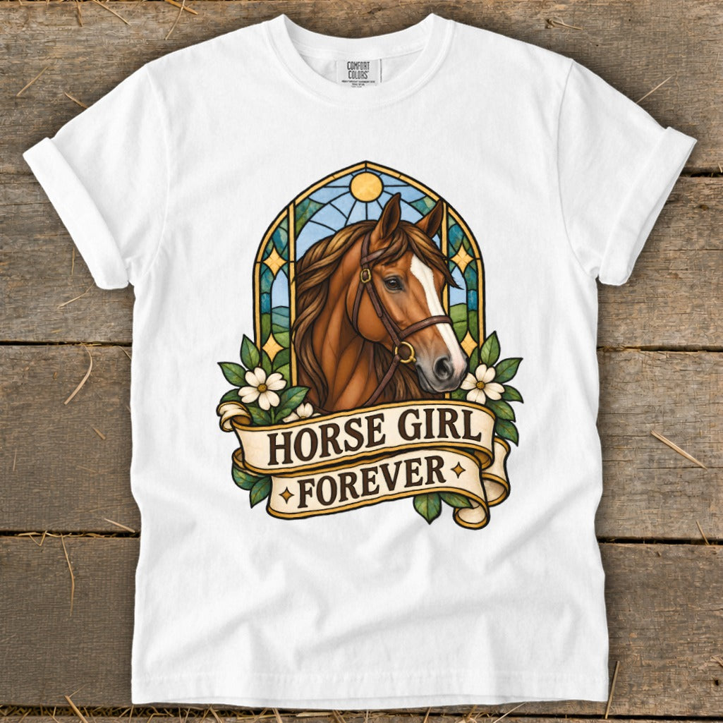 White t-shirt with stained-glass horse graphic and "Horse Girl Forever" text.