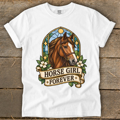 White t-shirt with stained-glass horse graphic and "Horse Girl Forever" text.