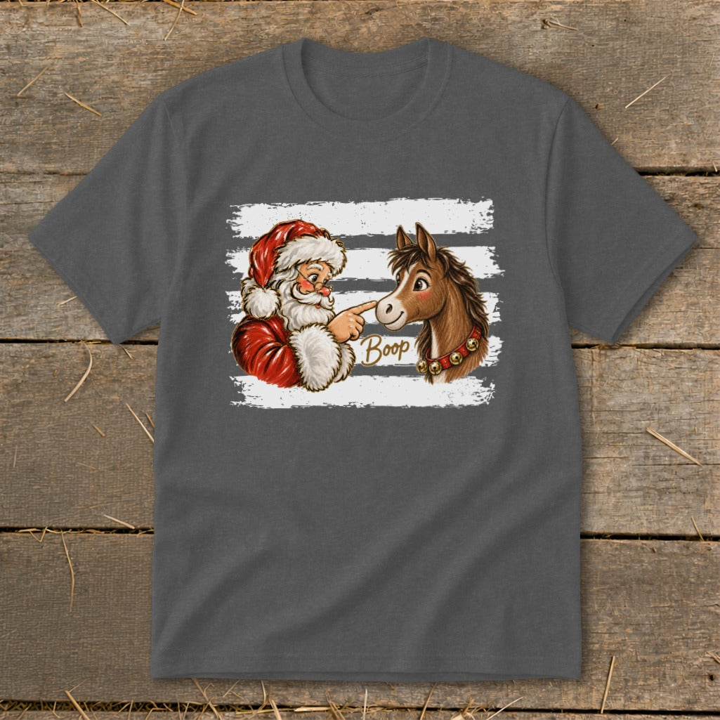 Santa booping a horse's nose with the word "Boop" and white stripes.
