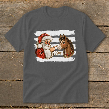 Santa booping a horse's nose with the word "Boop" and white stripes.